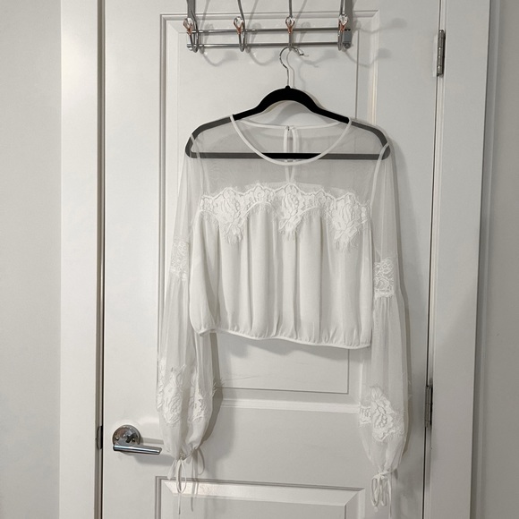 Elegant White Lace Sheer Puff Sleeve Oversized Blouse, One Size - Picture 2 of 2